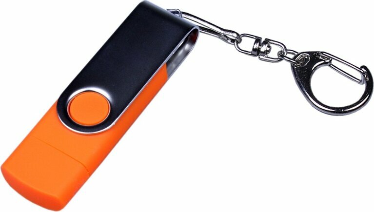 USB-флешка на 32 Гб поворотный механизм, c двумя дополнительными разъемами MicroUSB и TypeC, оранжевый