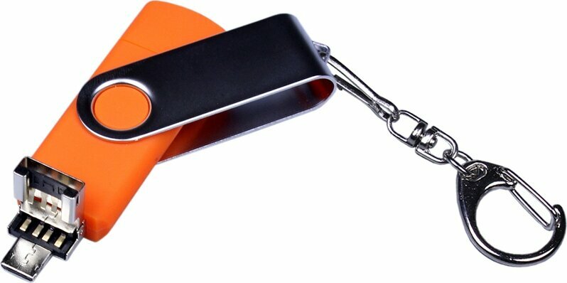 USB-флешка на 32 Гб поворотный механизм, c двумя дополнительными разъемами MicroUSB и TypeC, оранжевый