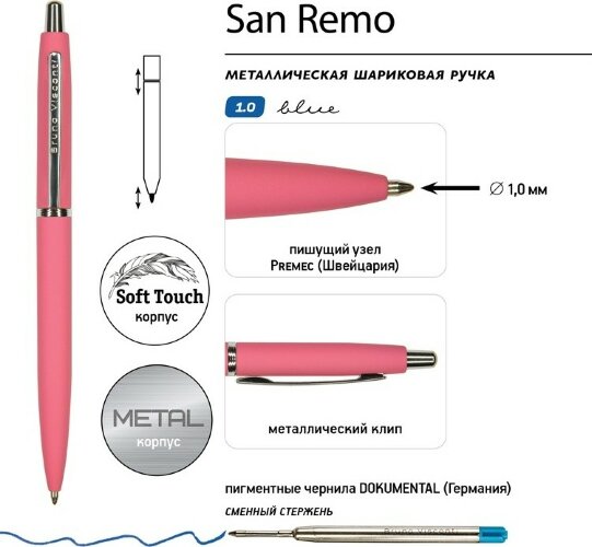Ручка металлическая шариковая San Remo, софт-тач, 1.0 мм, коралловый