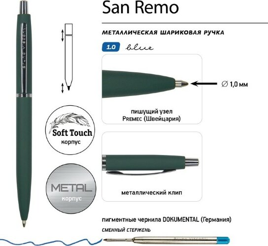 Ручка металлическая шариковая San Remo, софт-тач, 1.0 мм, зеленый
