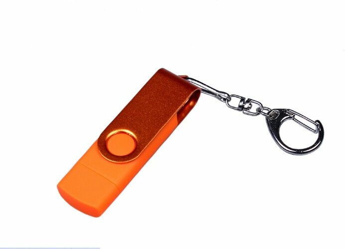 USB-флешка 64 ГБ 3 в 1 поворотный механизм, c доп. разъемами MicroUSB и Type-C с одноцветным металл. клипом, оранжевый