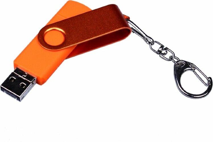 USB-флешка 64 ГБ 3 в 1 поворотный механизм, c доп. разъемами MicroUSB и Type-C с одноцветным металл. клипом, оранжевый