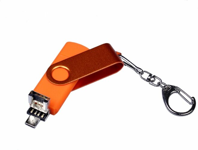 USB-флешка 64 ГБ 3 в 1 поворотный механизм, c доп. разъемами MicroUSB и Type-C с одноцветным металл. клипом, оранжевый