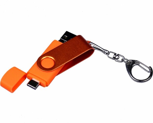 USB-флешка 64 ГБ 3 в 1 поворотный механизм, c доп. разъемами MicroUSB и Type-C с одноцветным металл. клипом, оранжевый