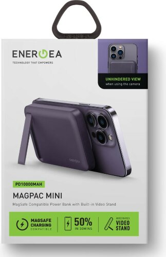 Портативный аккумулятор EnergEA MagPac MINI, 10000 mAh Magnetic wireless 15W USB-C 20W ultra-slim with stand, фиолетовый